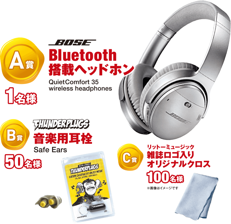 A賞：BOSE Bluetooth搭載ヘッドホン　1名様／B賞：THUNDERPLUGS 音楽用耳栓　50名様／C賞：リットーミュージック 雑誌ロゴ入りオリジナルクロス　100名様